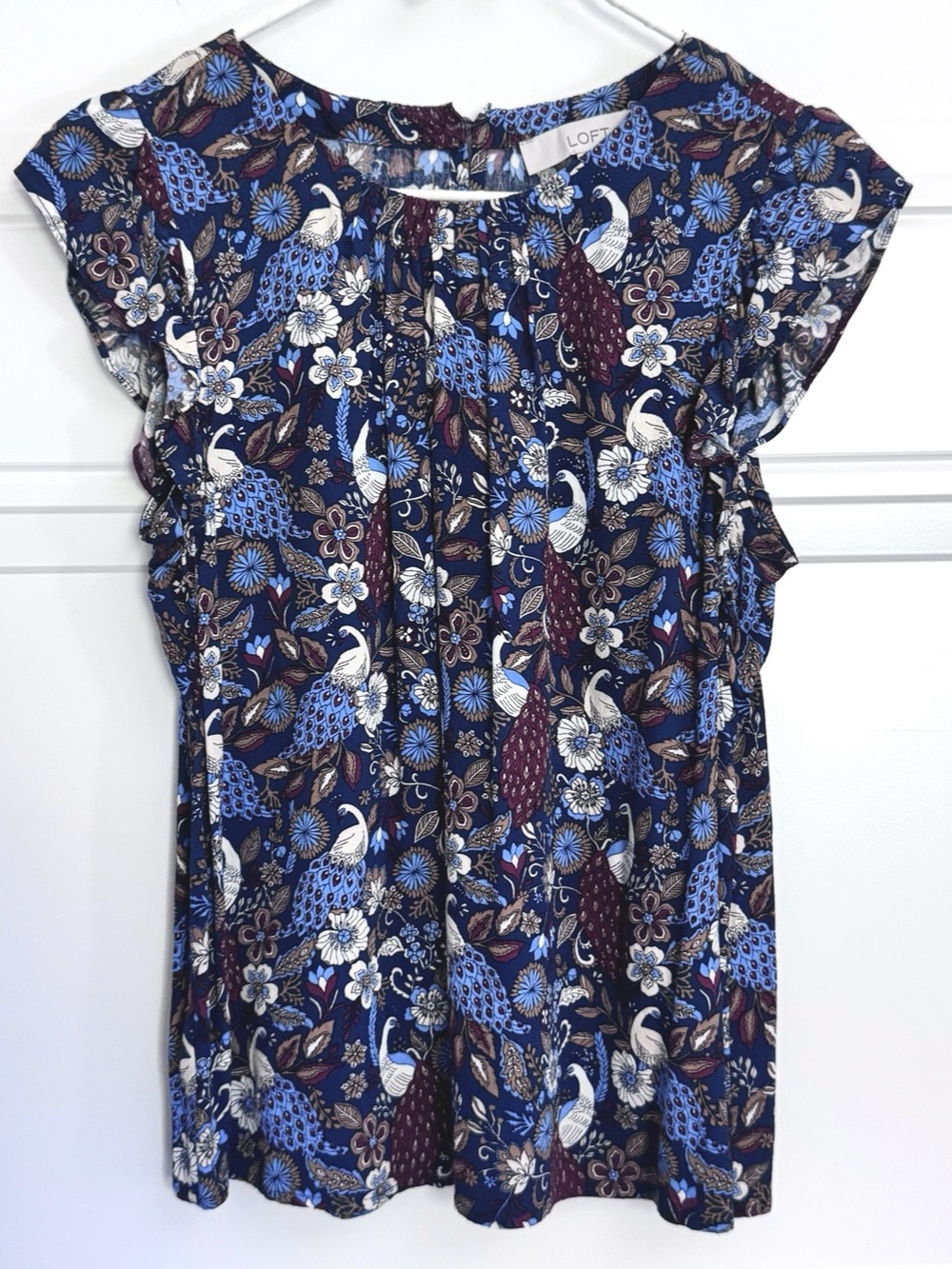LOFT Floral Short Sleeve Blouse Blue and Burgundy, S